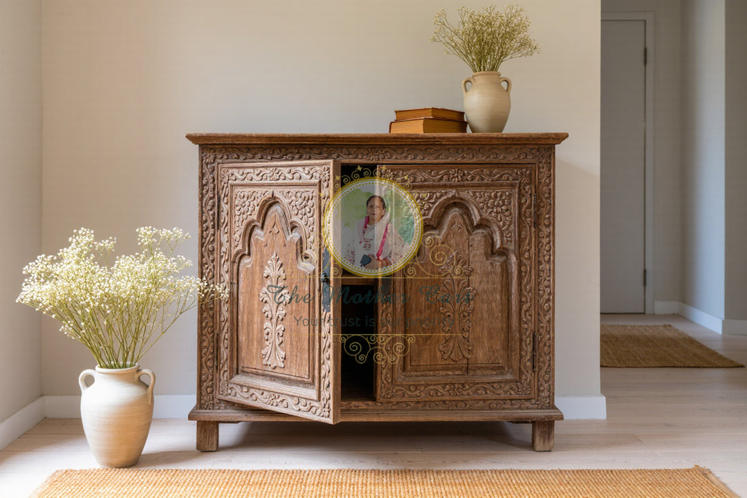 Boho Handcrafted Wooden Cabinet with Floral Motif – Living Room Storage