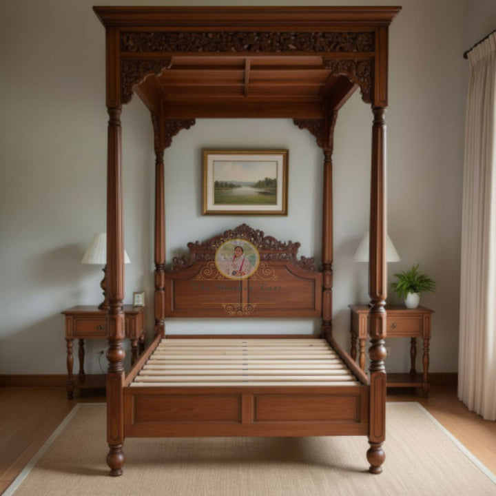 Classic Hand-Carved Solid Wood Canopy Bed | Timeless Four-Poster Design with Elegant Crown Detailing