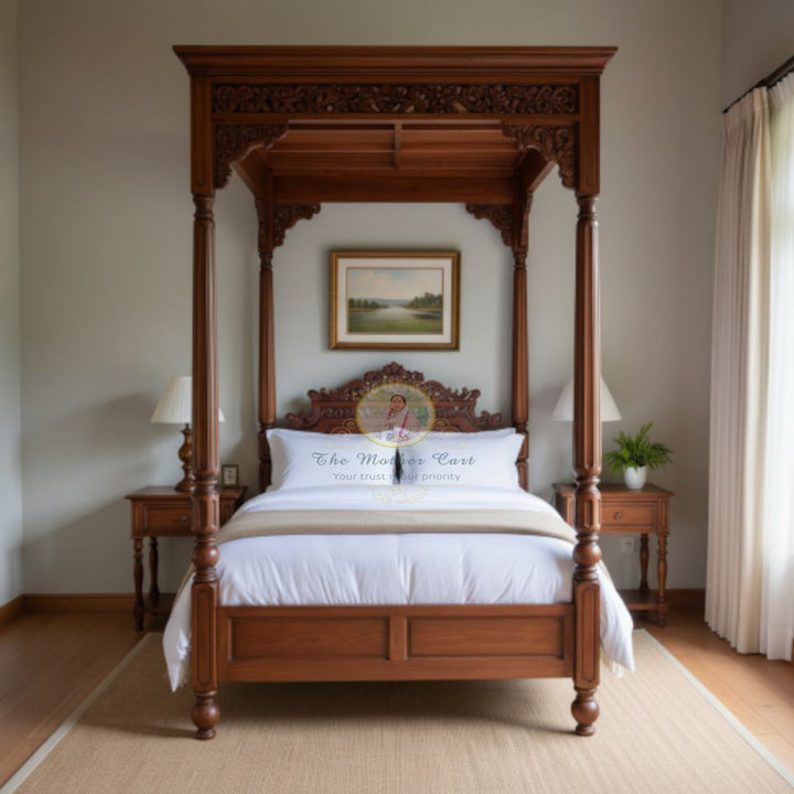 Classic Hand-Carved Solid Wood Canopy Bed | Timeless Four-Poster Design with Elegant Crown Detailing