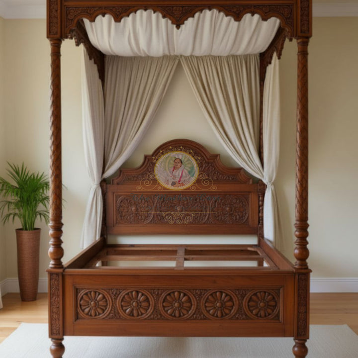 Luxury Hand-Carved Solid Wood Canopy Bed | Regal Four-Poster Design with Floral Detailing &amp; Draped Curtains