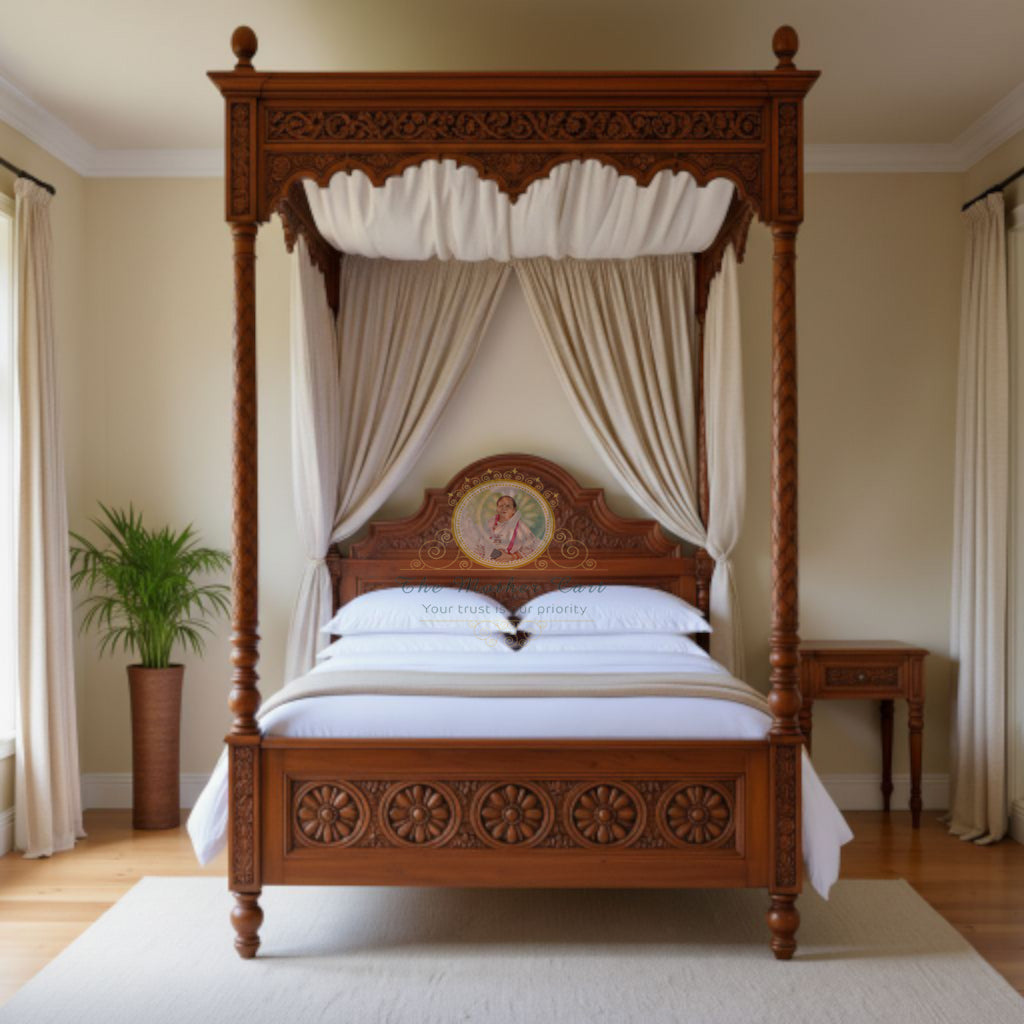 Luxury Hand-Carved Solid Wood Canopy Bed | Regal Four-Poster Design with Floral Detailing &amp; Draped Curtains