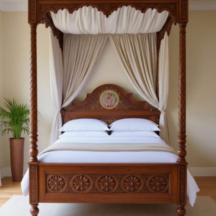 Luxury Hand-Carved Solid Wood Canopy Bed | Regal Four-Poster Design with Floral Detailing &amp; Draped Curtains