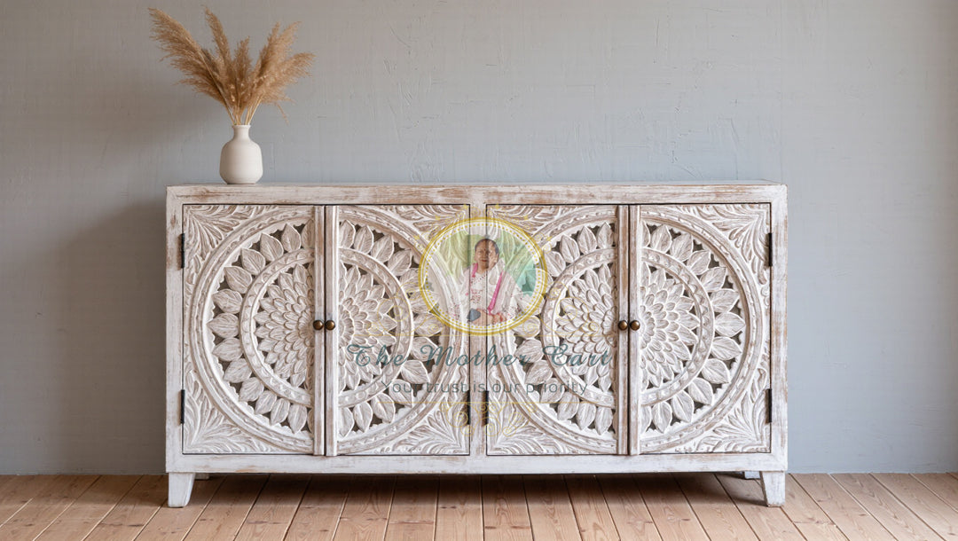 Grand Hand Carved Solid Wood Cabinet Sideboard with Triple Mandala Doors