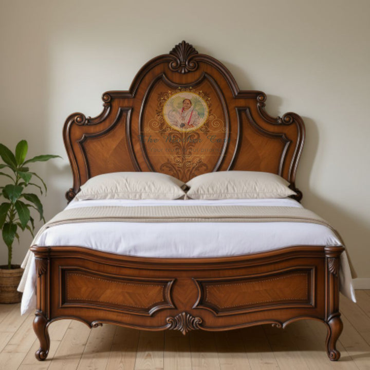 Luxury Hand-Carved Solid Wood Bed with Ornate Curved Headboard | Classic European Style Wooden Bed | Premium Traditional Bedroom Furniture – Custom Size &amp; Finish