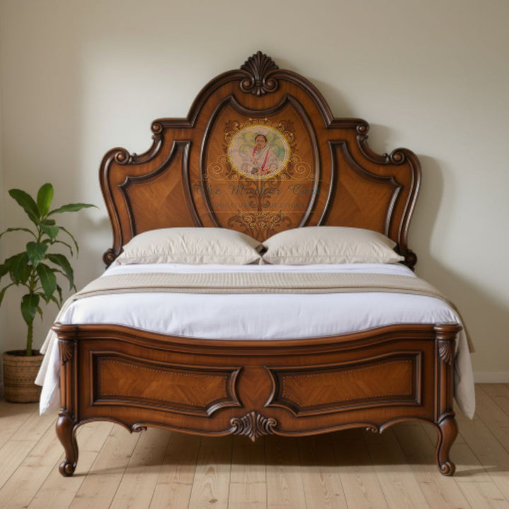 Luxury Hand-Carved Solid Wood Bed with Ornate Curved Headboard | Classic European Style Wooden Bed | Premium Traditional Bedroom Furniture – Custom Size &amp; Finish
