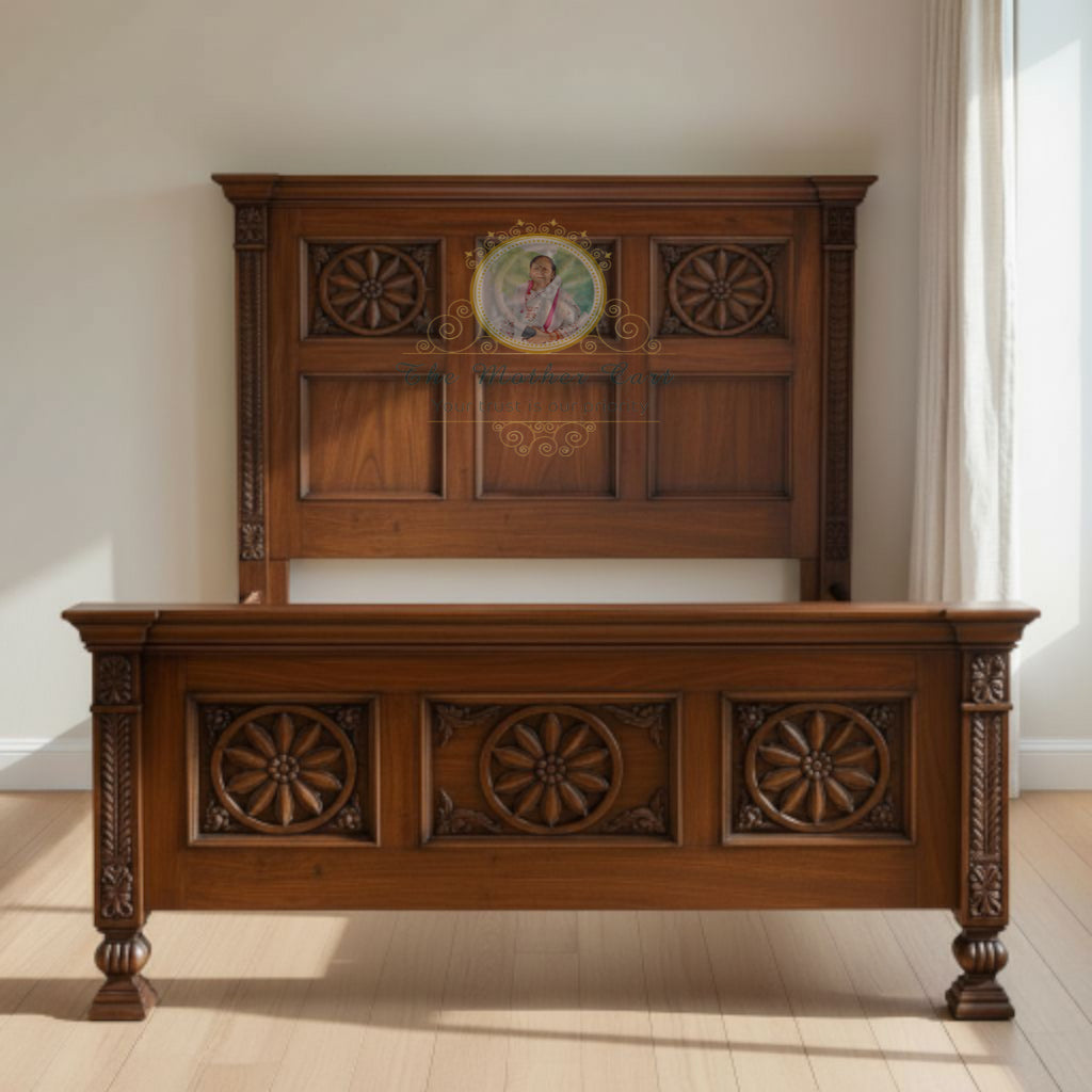 Hand-Carved Solid Wood Bed with Floral Rosette Panels | Classic Traditional Wooden Bed Frame | Premium Artisan Craftsmanship – Custom Size &amp; Finish Available