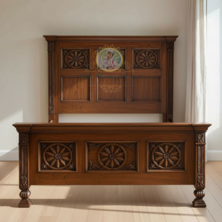 Hand-Carved Solid Wood Bed with Floral Rosette Panels | Classic Traditional Wooden Bed Frame | Premium Artisan Craftsmanship – Custom Size &amp; Finish Available