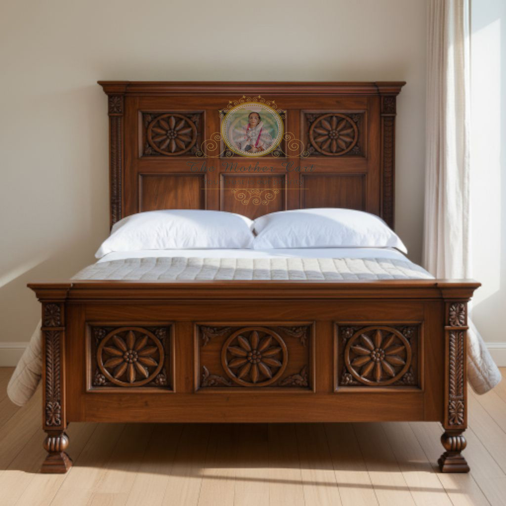 Hand-Carved Solid Wood Bed with Floral Rosette Panels | Classic Traditional Wooden Bed Frame | Premium Artisan Craftsmanship – Custom Size &amp; Finish Available