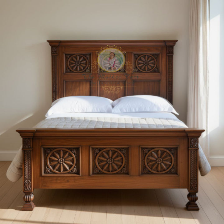 Hand-Carved Solid Wood Bed with Floral Rosette Panels | Classic Traditional Wooden Bed Frame | Premium Artisan Craftsmanship – Custom Size &amp; Finish Available