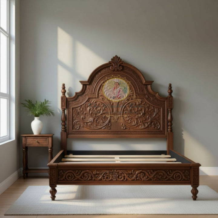 Hand-Carved Solid Wood Bed with Ornate Floral Headboard | Classic Luxury Wooden Bed Frame | Artisan Crafted, Custom Sizes Available