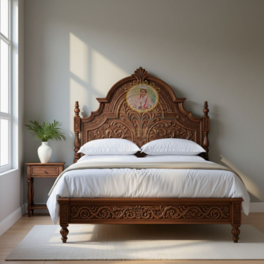 Hand-Carved Solid Wood Bed with Ornate Floral Headboard | Classic Luxury Wooden Bed Frame | Artisan Crafted, Custom Sizes Available