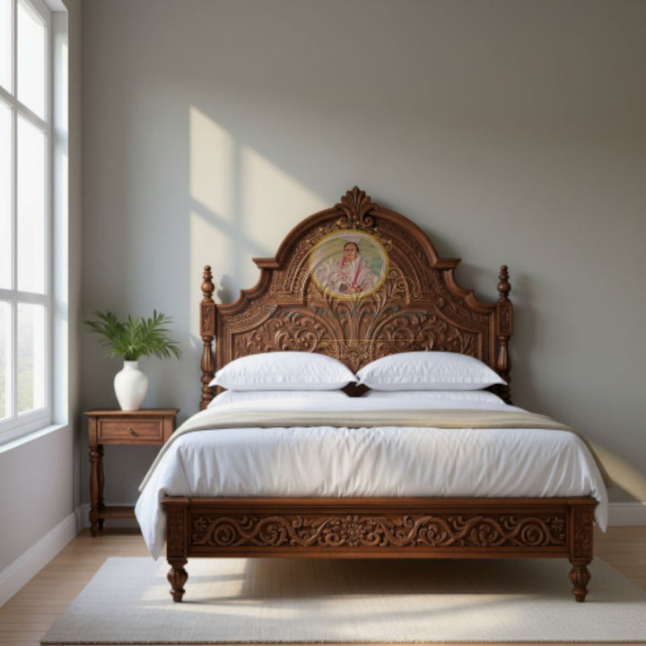 Hand-Carved Solid Wood Bed with Ornate Floral Headboard | Classic Luxury Wooden Bed Frame | Artisan Crafted, Custom Sizes Available