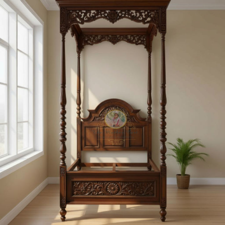 Hand-Carved Four-Poster Canopy Bed in Solid Wood | Classic Colonial Style Wooden Bed | Artisan Made Luxury Bed Frame (Custom Sizes Available)