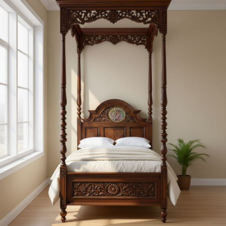 Hand-Carved Four-Poster Canopy Bed in Solid Wood | Classic Colonial Style Wooden Bed | Artisan Made Luxury Bed Frame (Custom Sizes Available)