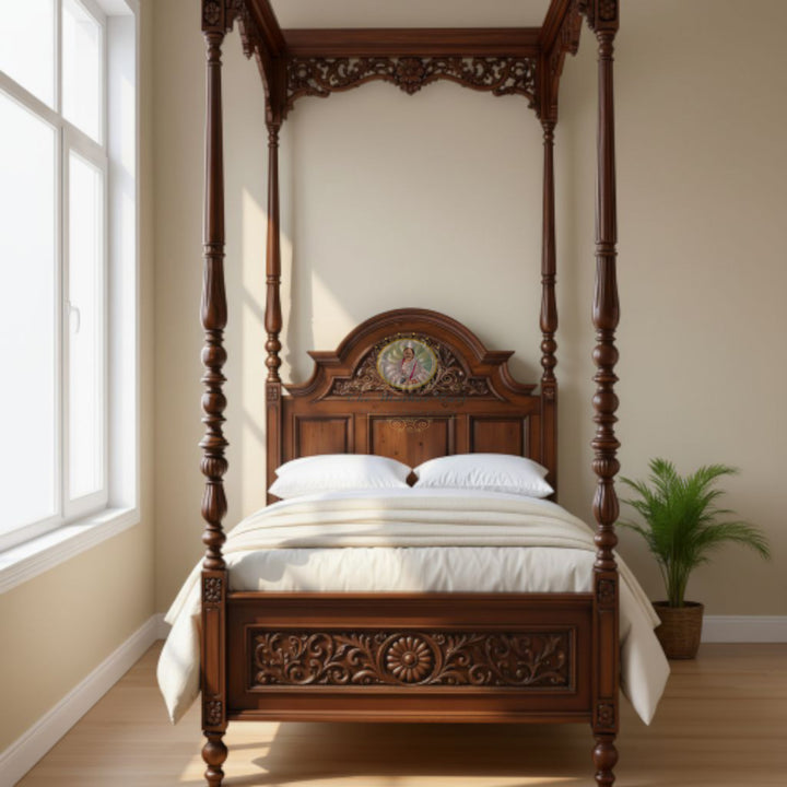 Hand-Carved Four-Poster Canopy Bed in Solid Wood | Classic Colonial Style Wooden Bed | Artisan Made Luxury Bed Frame (Custom Sizes Available)