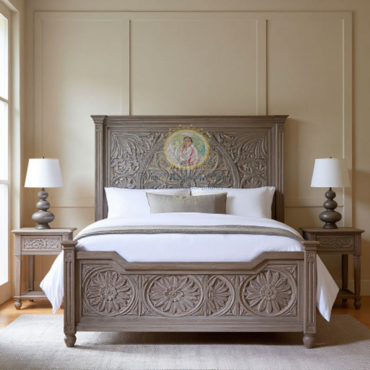 Hand-Carved Floral Solid Wood Bed in Antique Grey Finish | Artisan-Crafted Luxury Wooden Bed with Intricate Headboard &amp; Footboard