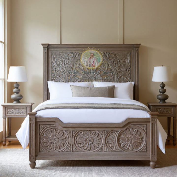 Hand-Carved Floral Solid Wood Bed in Antique Grey Finish | Artisan-Crafted Luxury Wooden Bed with Intricate Headboard &amp; Footboard