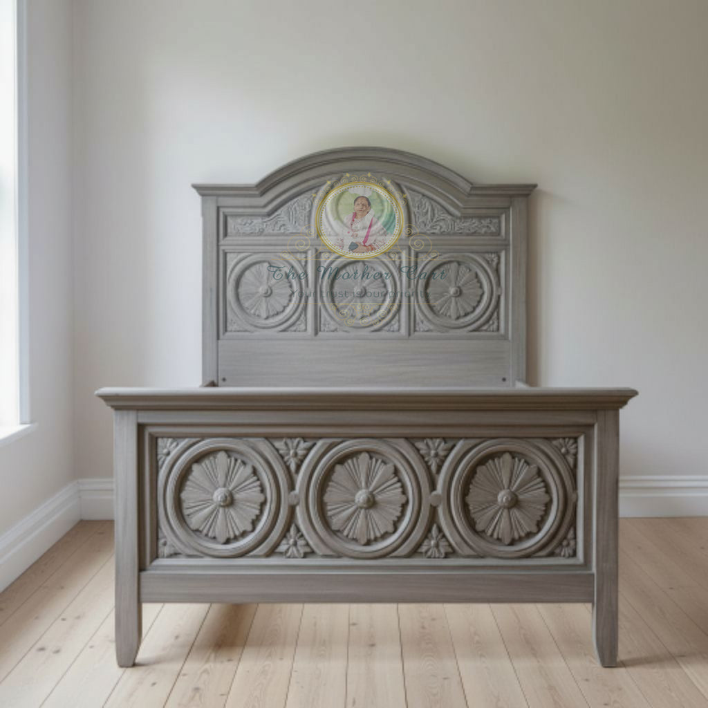 Antique Grey Hand-Carved Solid Wood Bed | Floral Rosette Carved Headboard &amp; Footboard – Classic Artisan Bedroom Furniture