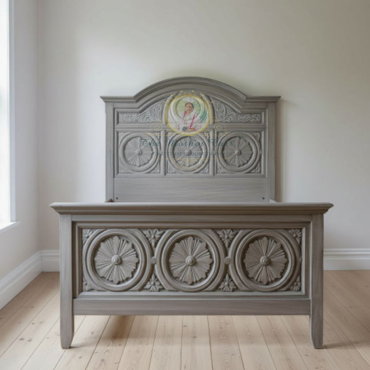 Antique Grey Hand-Carved Solid Wood Bed | Floral Rosette Carved Headboard &amp; Footboard – Classic Artisan Bedroom Furniture