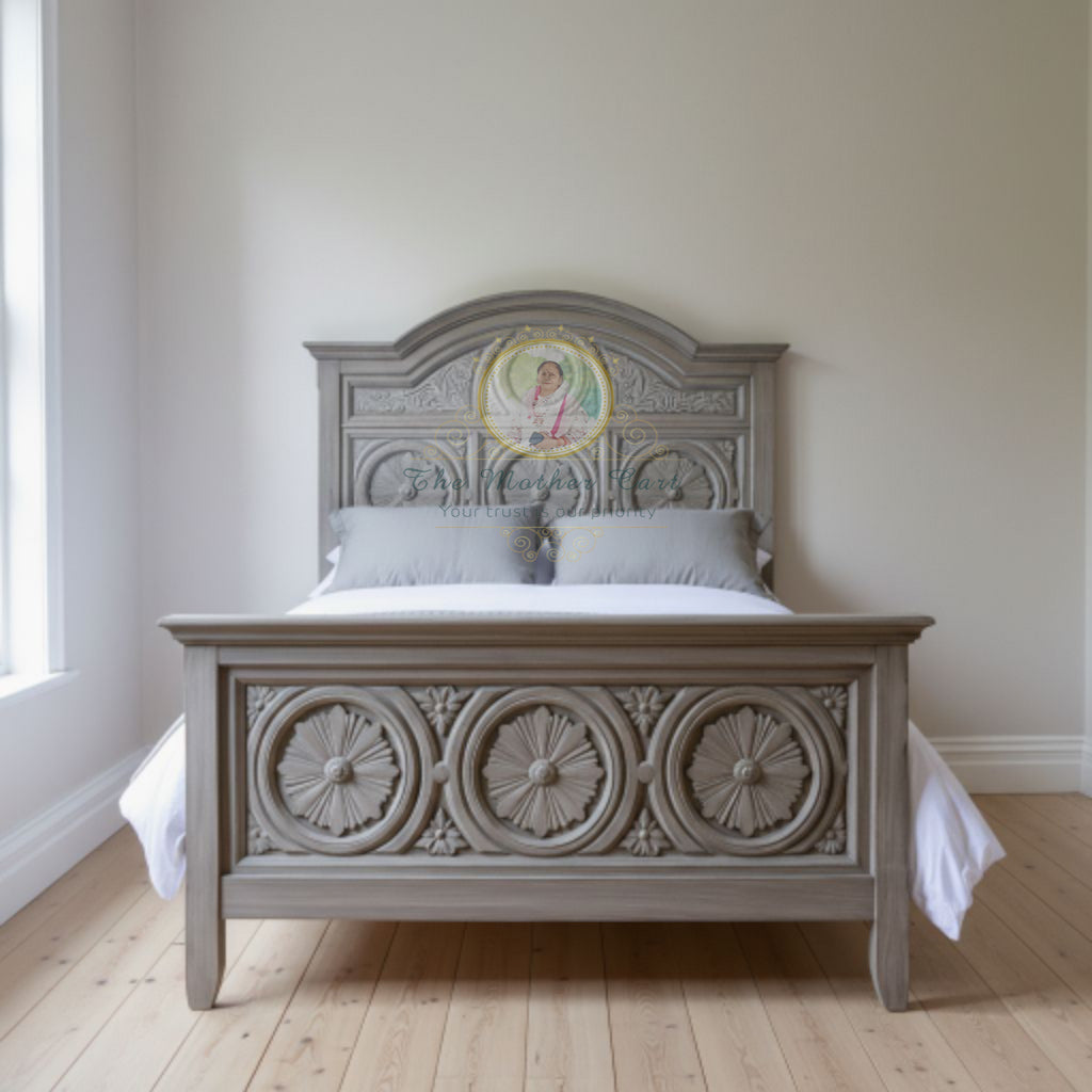 Antique Grey Hand-Carved Solid Wood Bed | Floral Rosette Carved Headboard &amp; Footboard – Classic Artisan Bedroom Furniture