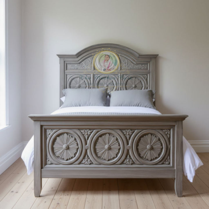 Antique Grey Hand-Carved Solid Wood Bed | Floral Rosette Carved Headboard &amp; Footboard – Classic Artisan Bedroom Furniture