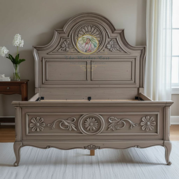 French Country Antique Grey Hand-Carved Wooden Bed | Floral Motif Solid Wood Bed Frame – Classic Luxury Bedroom Furniture