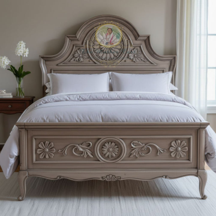 French Country Antique Grey Hand-Carved Wooden Bed | Floral Motif Solid Wood Bed Frame – Classic Luxury Bedroom Furniture