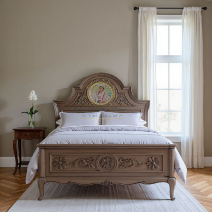 French Country Antique Grey Hand-Carved Wooden Bed | Floral Motif Solid Wood Bed Frame – Classic Luxury Bedroom Furniture