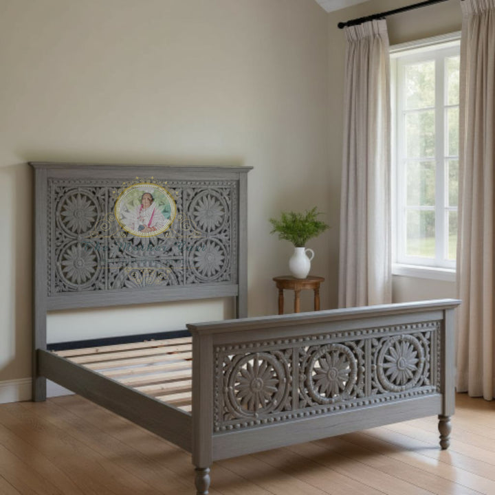 Antique Grey Hand-Carved Solid Wood Bed Frame | Floral Rosette Panel Design | Rustic French Country Bedroom Furniture