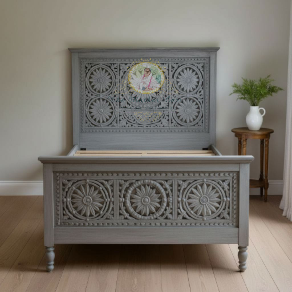Antique Grey Hand-Carved Solid Wood Bed Frame | Floral Rosette Panel Design | Rustic French Country Bedroom Furniture