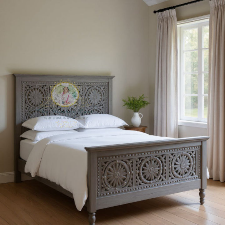 Antique Grey Hand-Carved Solid Wood Bed Frame | Floral Rosette Panel Design | Rustic French Country Bedroom Furniture