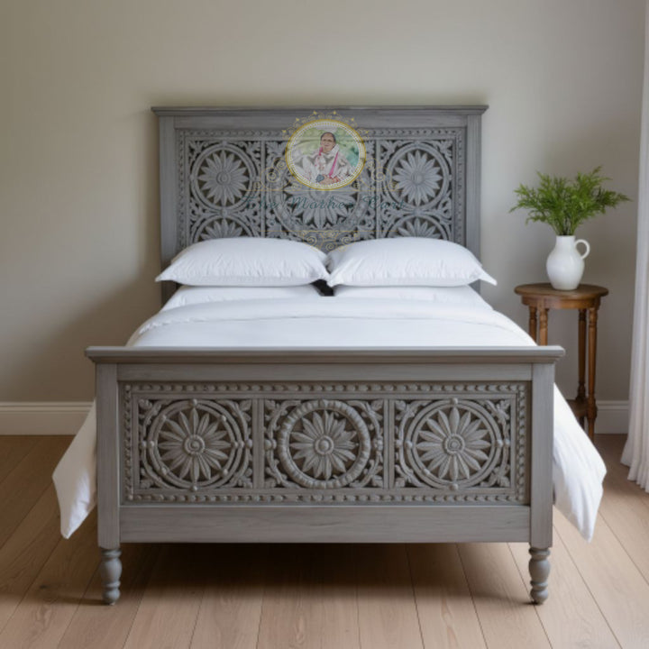 Antique Grey Hand-Carved Solid Wood Bed Frame | Floral Rosette Panel Design | Rustic French Country Bedroom Furniture