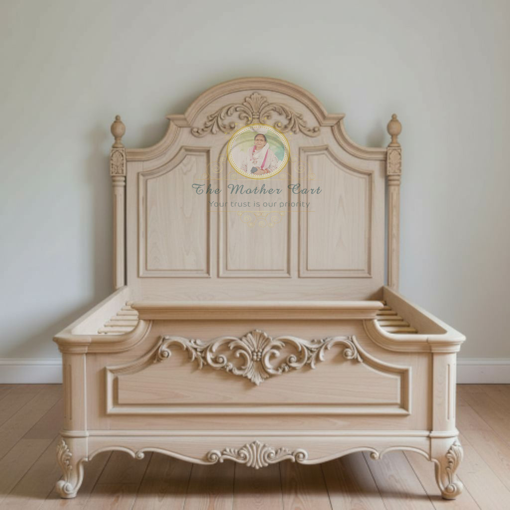 French Provincial Hand-Carved Solid Wood Bed Frame | Natural Finish Floral Scroll Design | Luxury Classic Bedroom Furniture
