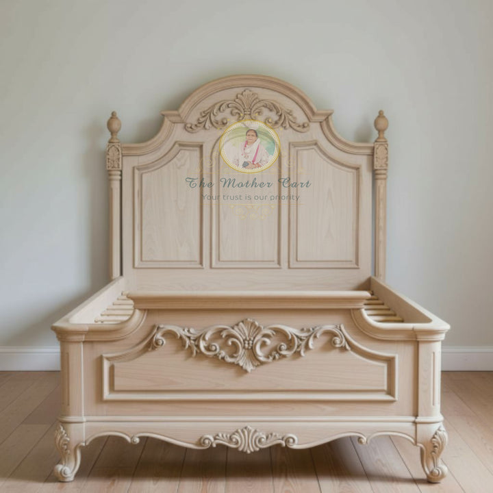 French Provincial Hand-Carved Solid Wood Bed Frame | Natural Finish Floral Scroll Design | Luxury Classic Bedroom Furniture