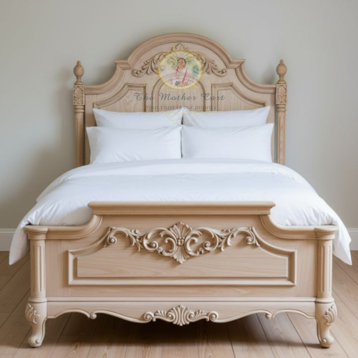 French Provincial Hand-Carved Solid Wood Bed Frame | Natural Finish Floral Scroll Design | Luxury Classic Bedroom Furniture