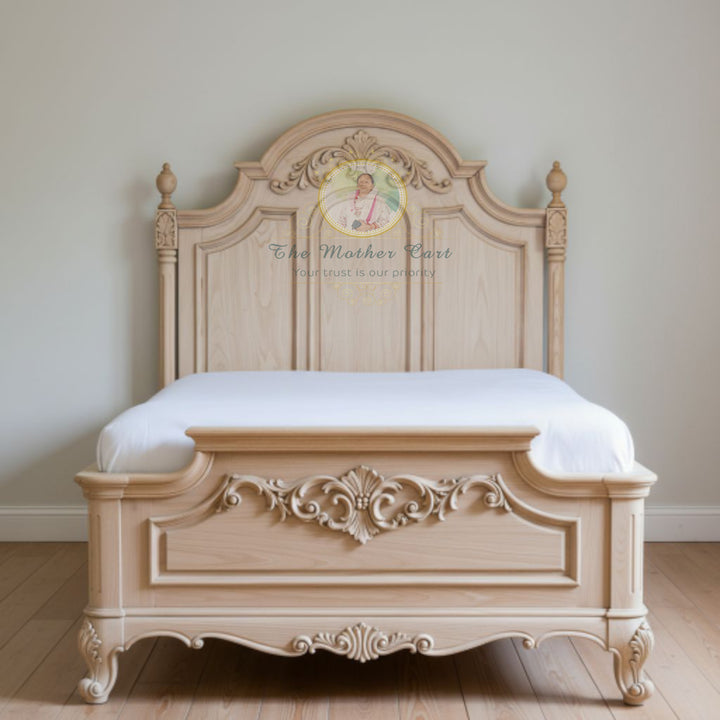 French Provincial Hand-Carved Solid Wood Bed Frame | Natural Finish Floral Scroll Design | Luxury Classic Bedroom Furniture
