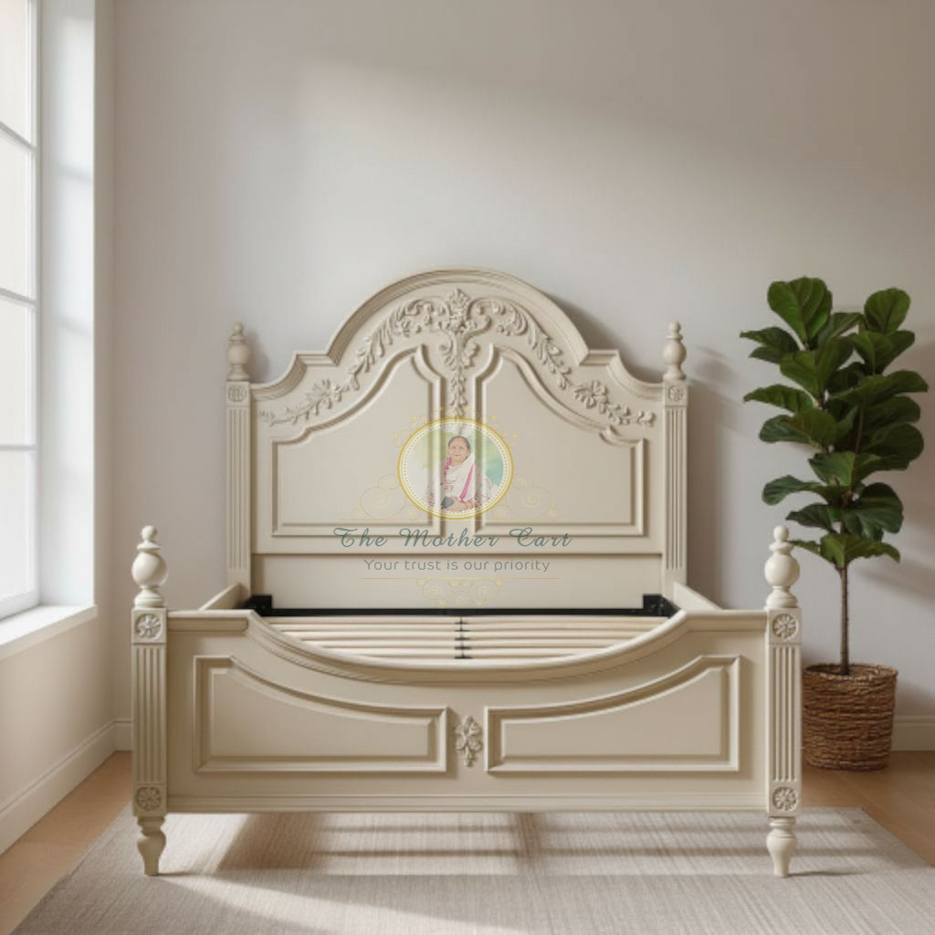 Elegant French Provincial Hand-Carved Bed | Solid Wood | Antique White Finish | Classic Curved Headboard &amp; Footboard