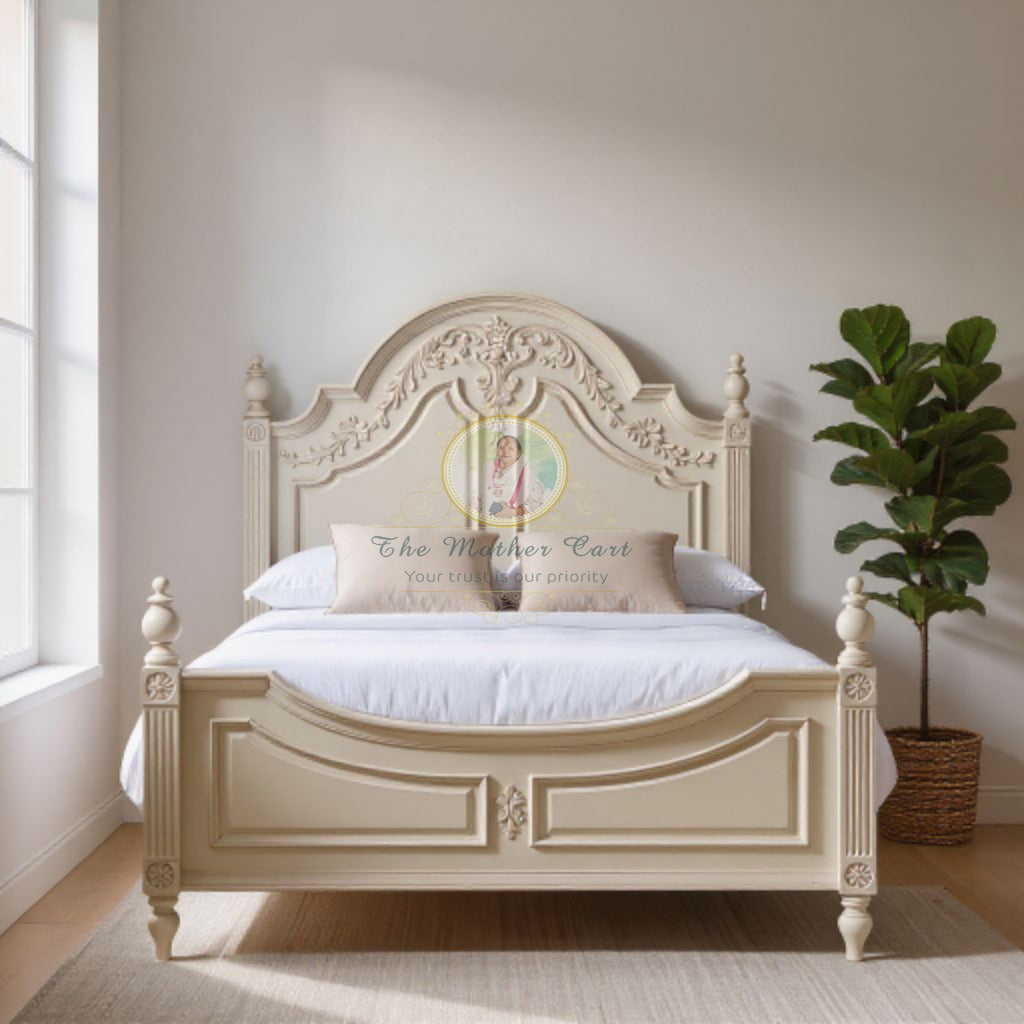 Elegant French Provincial Hand-Carved Bed | Solid Wood | Antique White Finish | Classic Curved Headboard &amp; Footboard
