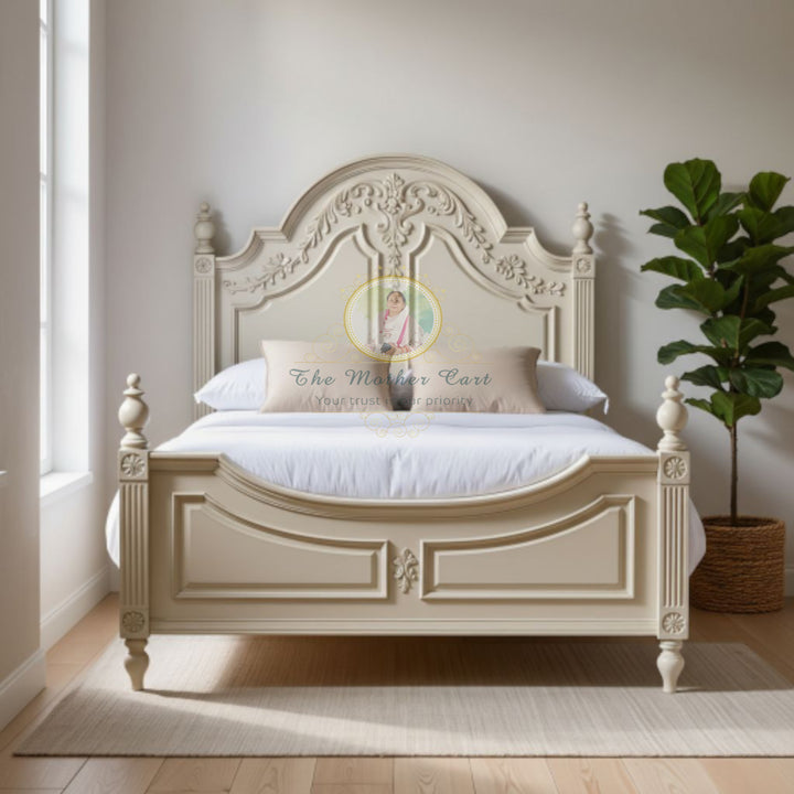 Elegant French Provincial Hand-Carved Bed | Solid Wood | Antique White Finish | Classic Curved Headboard &amp; Footboard