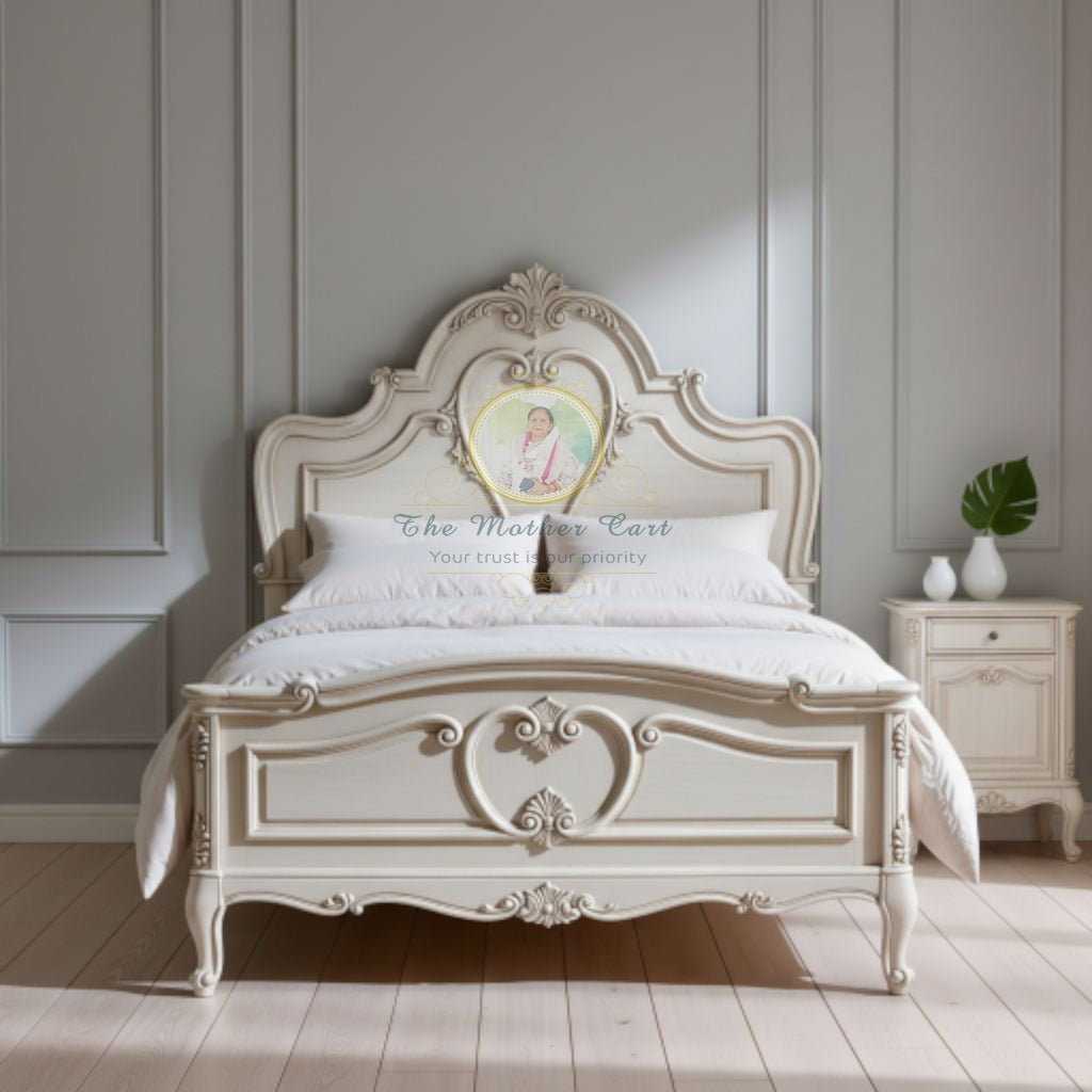 Luxury French Rococo Hand-Carved Bed | Solid Wood | Antique White Finish | Ornate Curved Headboard &amp; Footboard