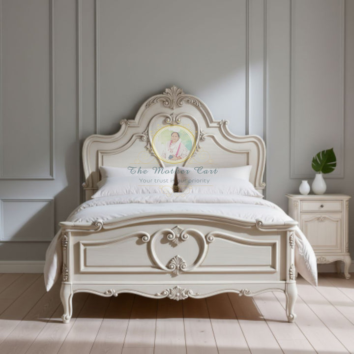 Luxury French Rococo Hand-Carved Bed | Solid Wood | Antique White Finish | Ornate Curved Headboard &amp; Footboard