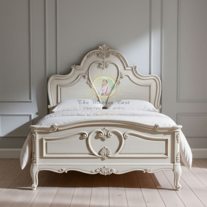 Luxury French Rococo Hand-Carved Bed | Solid Wood | Antique White Finish | Ornate Curved Headboard &amp; Footboard