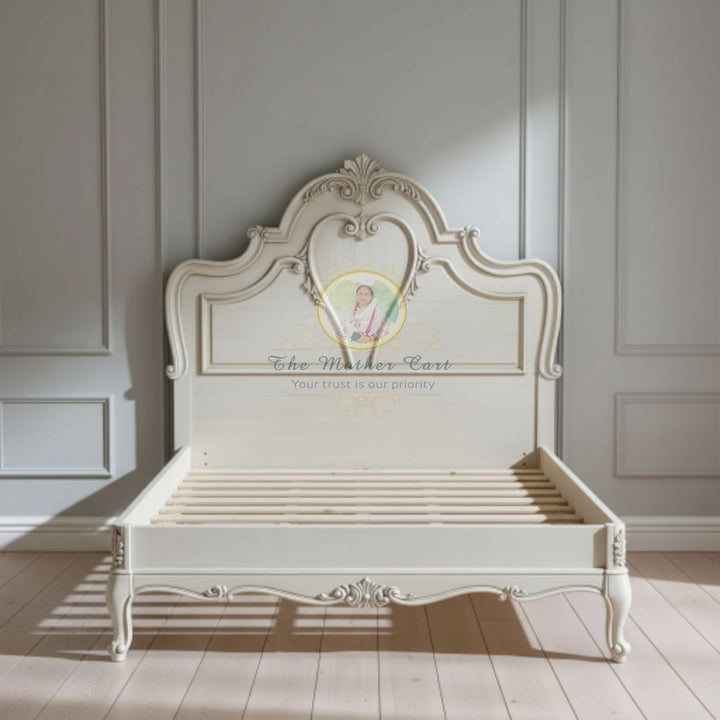 Luxury French Rococo Hand-Carved Bed | Solid Wood | Antique White Finish | Ornate Curved Headboard &amp; Footboard