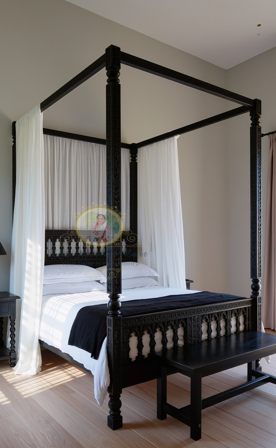 Hand Carved Black Canopy Bed | Solid Wood Four Poster Bed with Minimal Carved Details | Modern Luxury Bedroom Furniture | King Queen