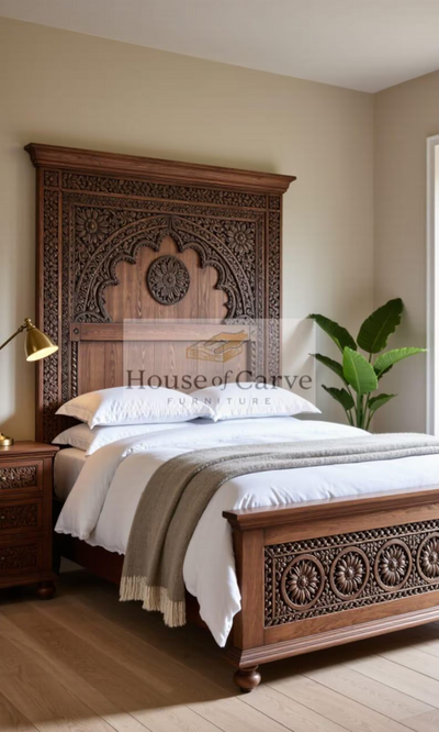 Hand Carved Wood Bed | Mughal Arch Headboard, Teak Finish