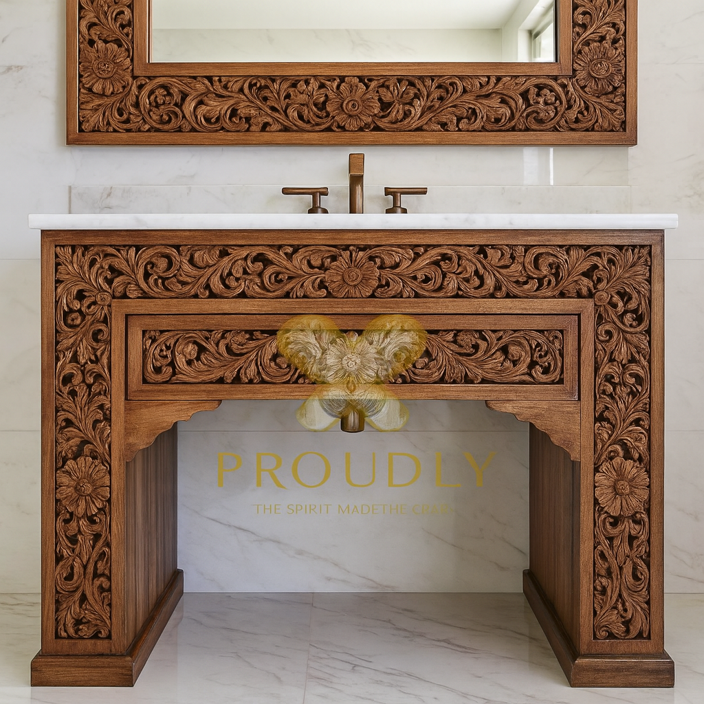 Carved Lombok Single Bathroom Vanity carving Inspired One Drawer Table Mirror Inluded cutouts Furniture