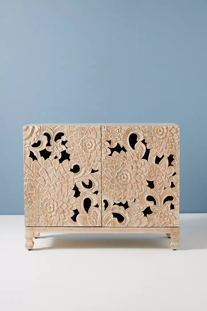 Handcarved Lotus Entryway Indoor Cabinet Lotus Flowers Carving Sideboard