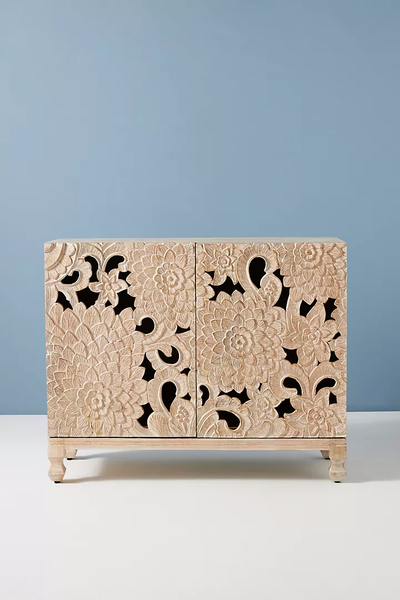 Handcarved Lotus Entryway Indoor Cabinet Lotus Flowers Carving Sideboard