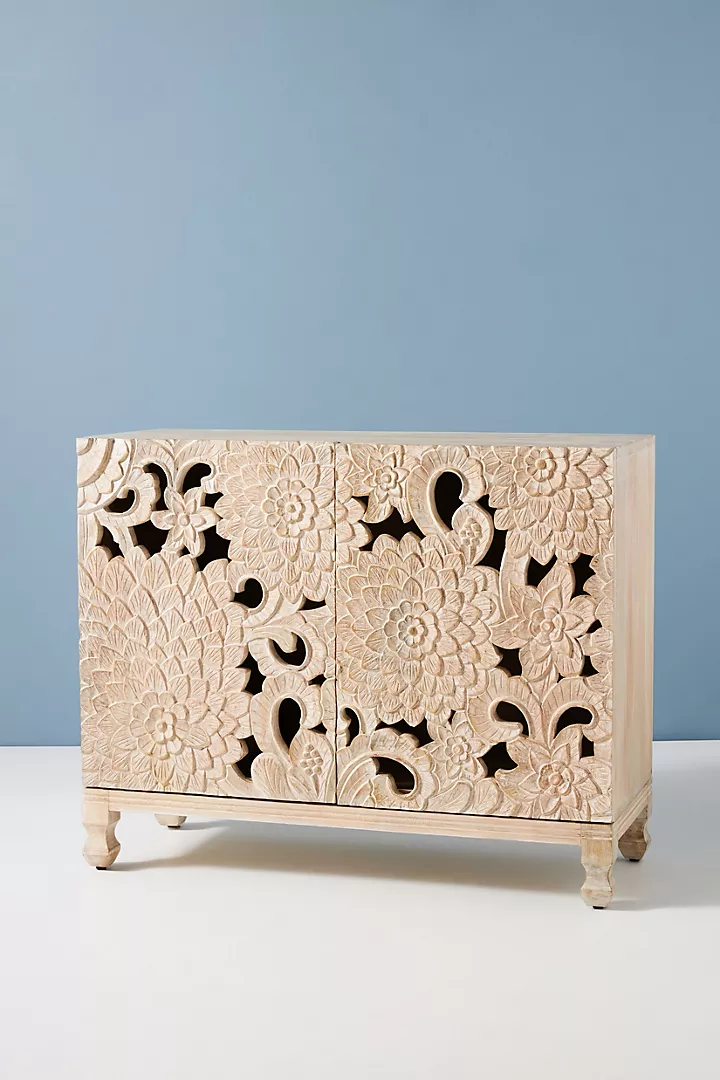 Handcarved Lotus Entryway Indoor Cabinet Lotus Flowers Carving Sideboard