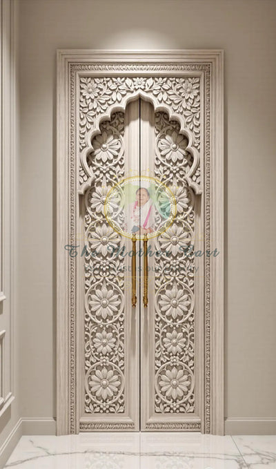 Handcarved Wooden Door | Whitewash Floral Interior, Single, Pocket, Barn, French, Panel,  Double, Sliding, Pocket & Temple Door Interior & Exterior, Homes, Villas & Office